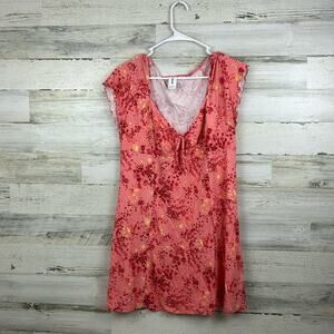 Abound womens large coral pink short sleeve floral mini dress new